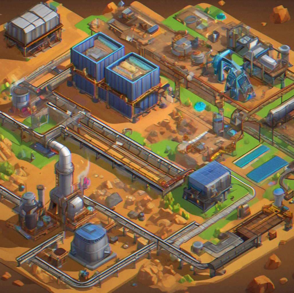Animated resource flow showing ore moving through conveyor belts into a smelter with energy consumption indicators