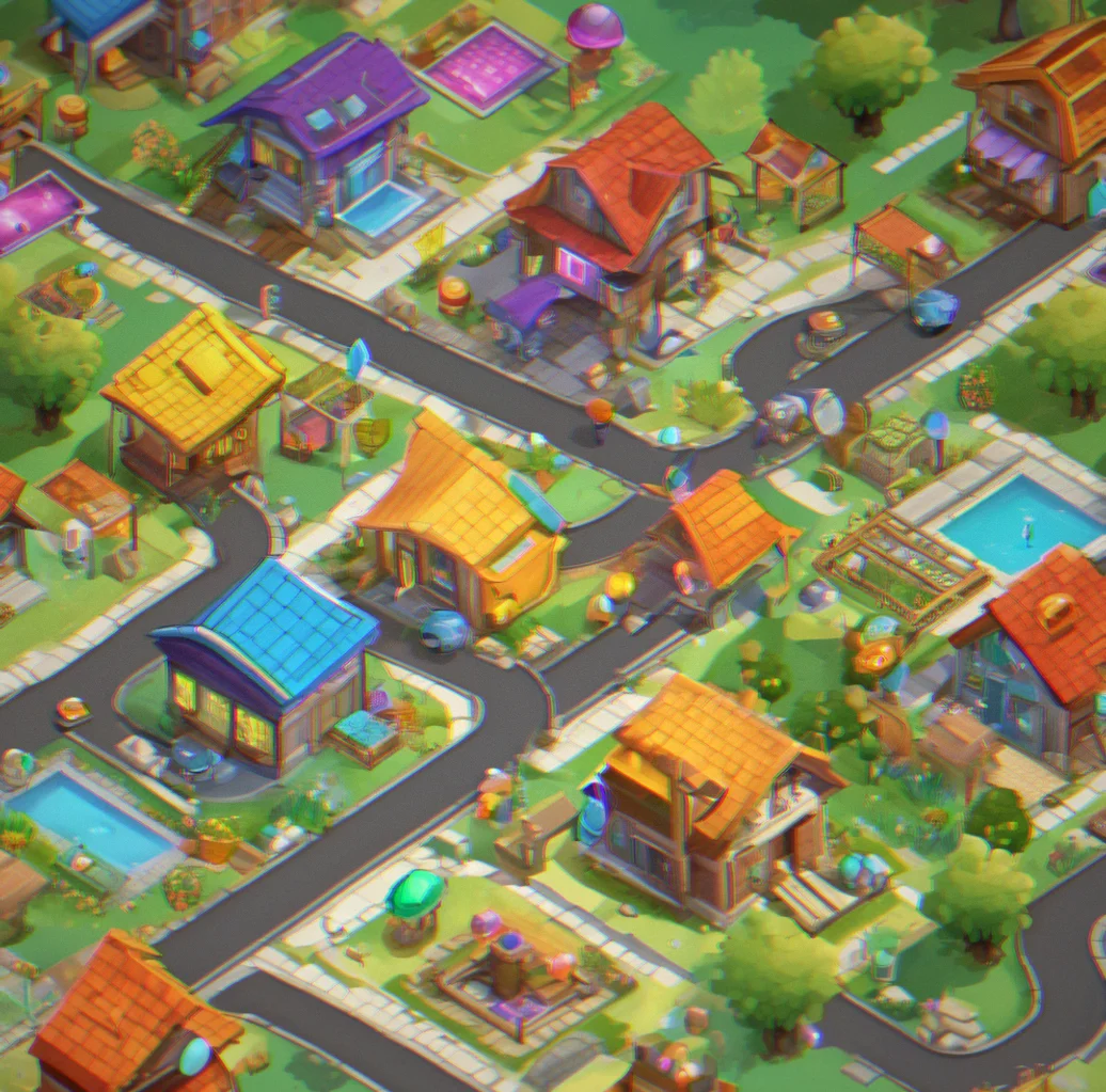 Overhead view of residential zones with color-coded happiness levels based on nearby amenities and job access