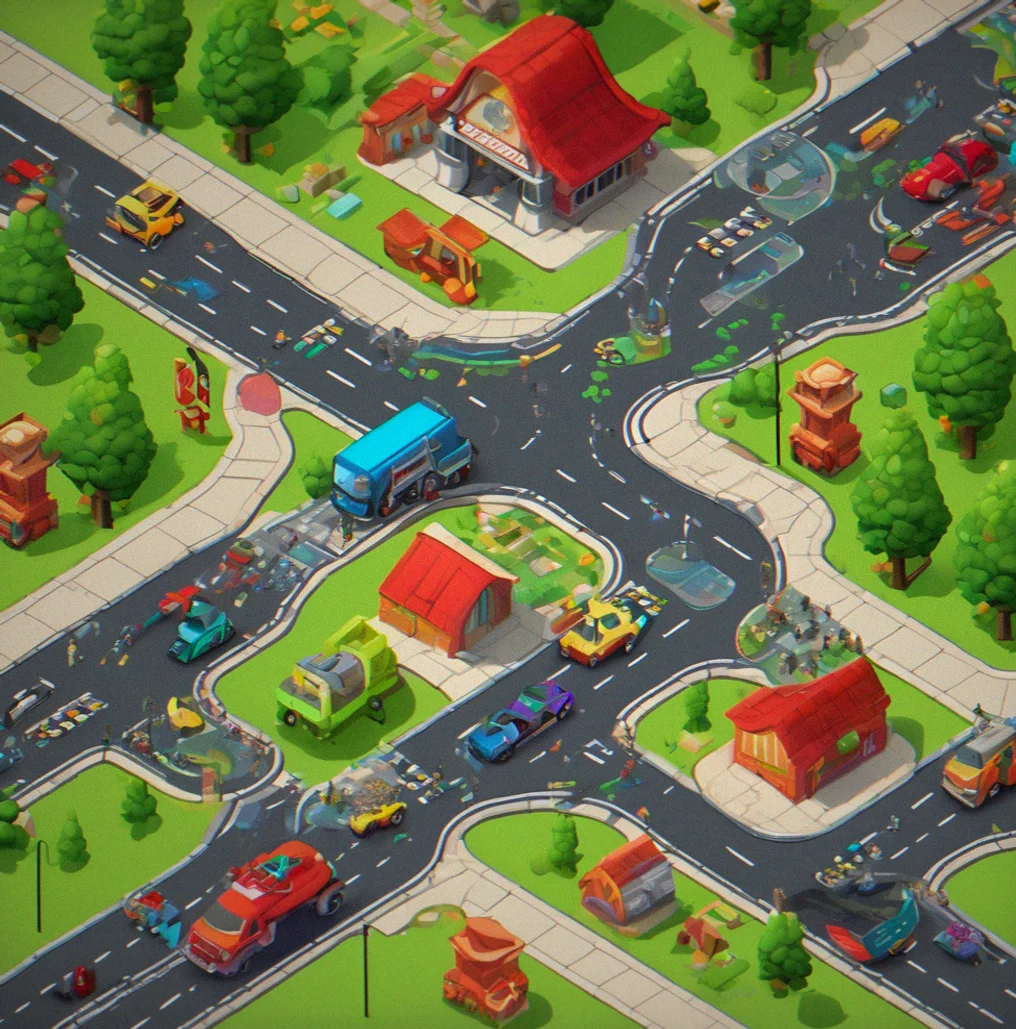Street grid with animated vehicle paths showing congestion hotspots in red transitioning to green after optimization
