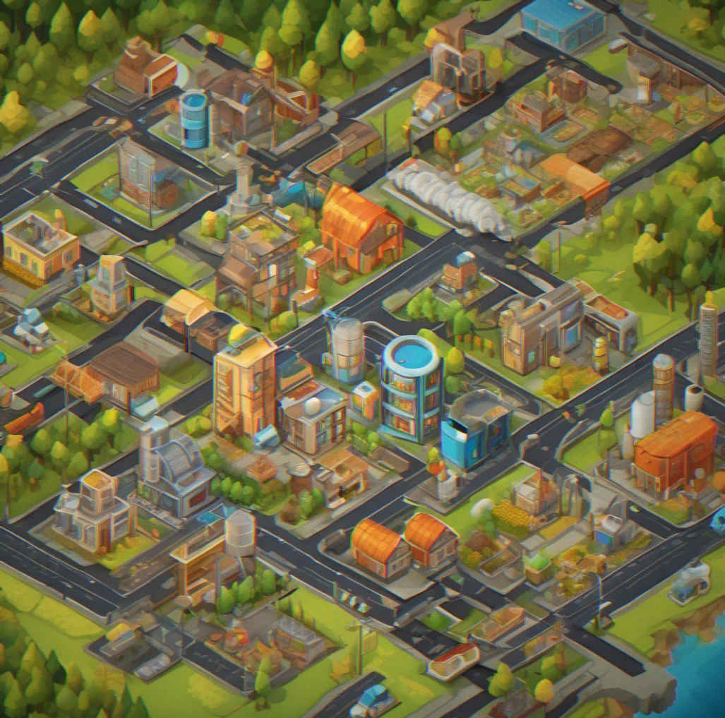 Isometric map with visible pollution gradient spreading from industrial zones toward housing districts