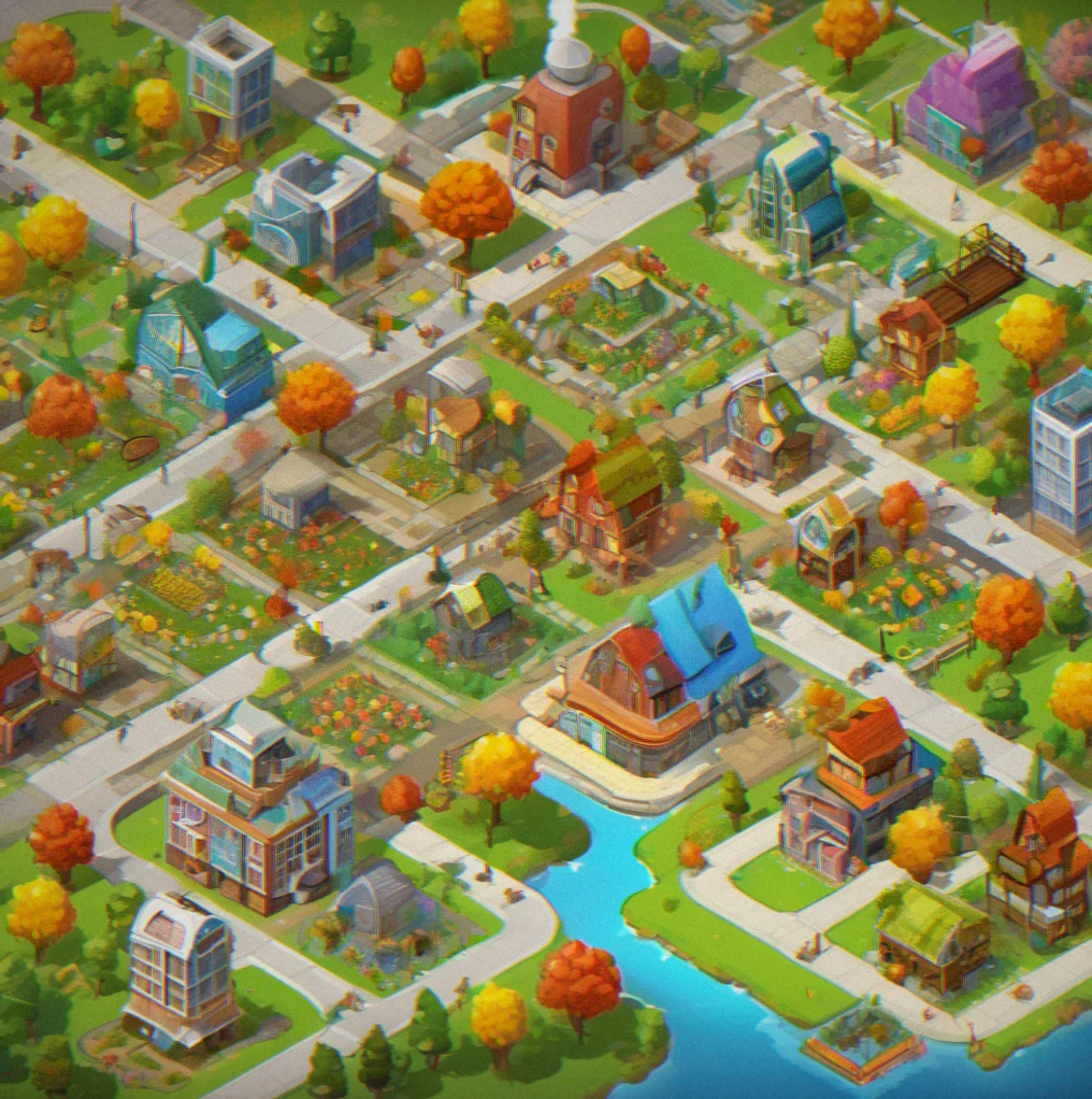 Four-panel grid showing the same city district in spring, summer, fall and winter with seasonak visual changes