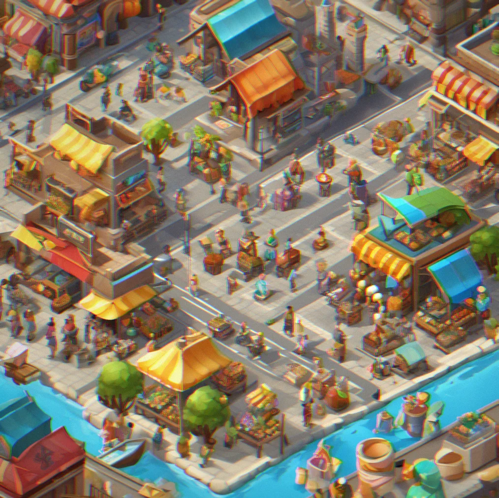 Zoomed view of bustling city center with visible citizens, vehicles and activity flowing through markets and plazas