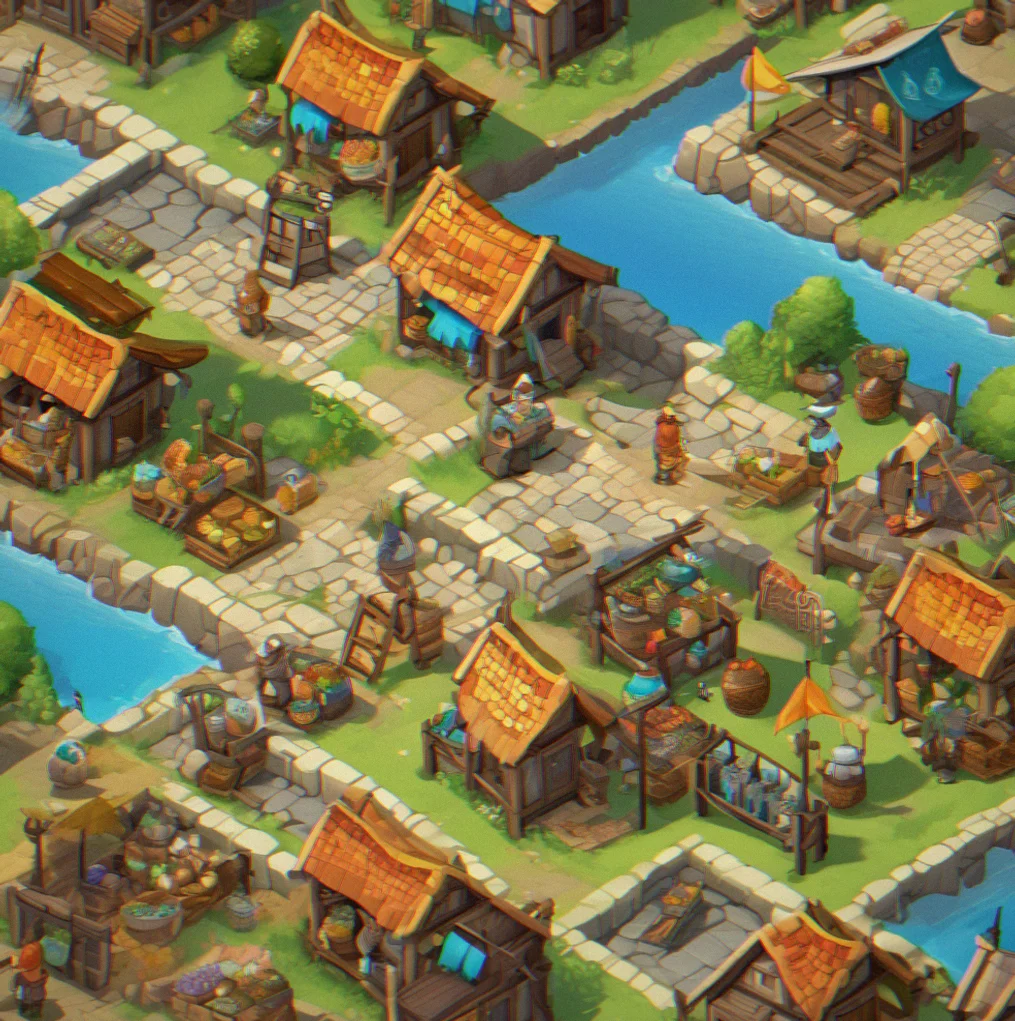 Peaceful cityscape with markets and trading posts, no weapons or battle scenes visible