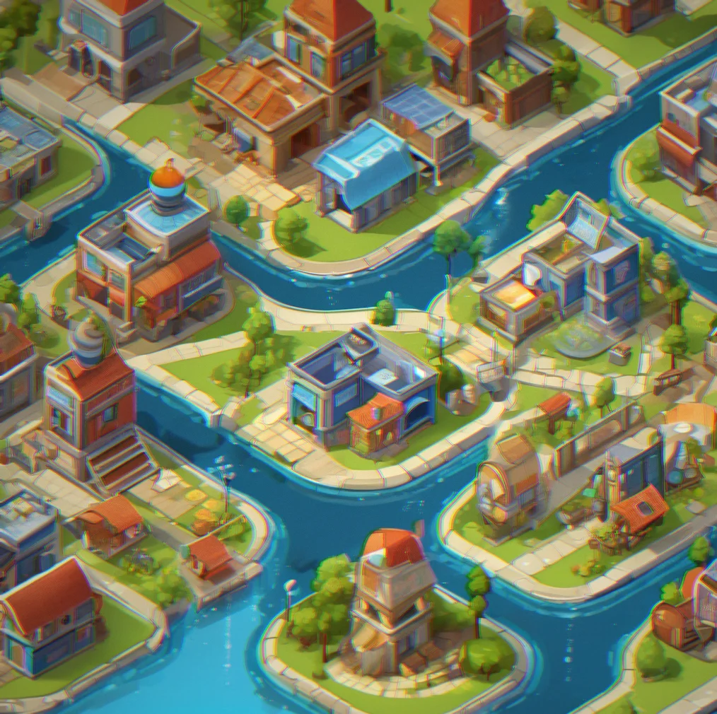 Isometric view of an interconnected city district with winding pathways, clustered buildings, and flowing resource streams